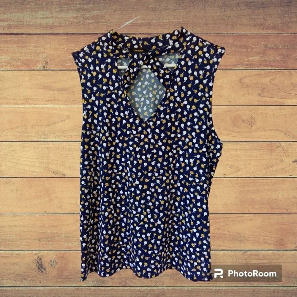 Espresso Sleeveless Top Blue With White And Yellow Flowers   Size XL   EUC